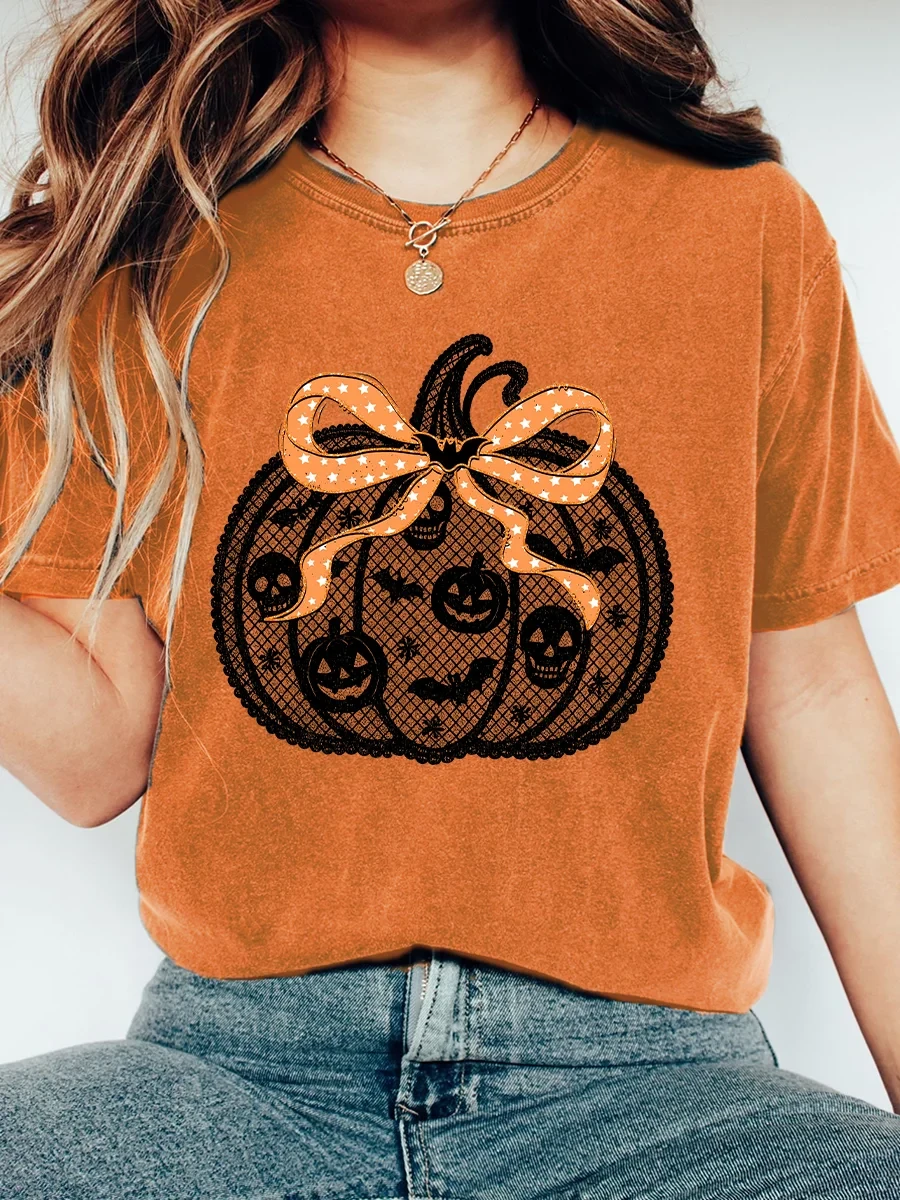 Pumpkin Bow Art Shirt Cute Spooky Halloween T-Shirt Trendy Thanksgiving Gift For Women - Kdjoy