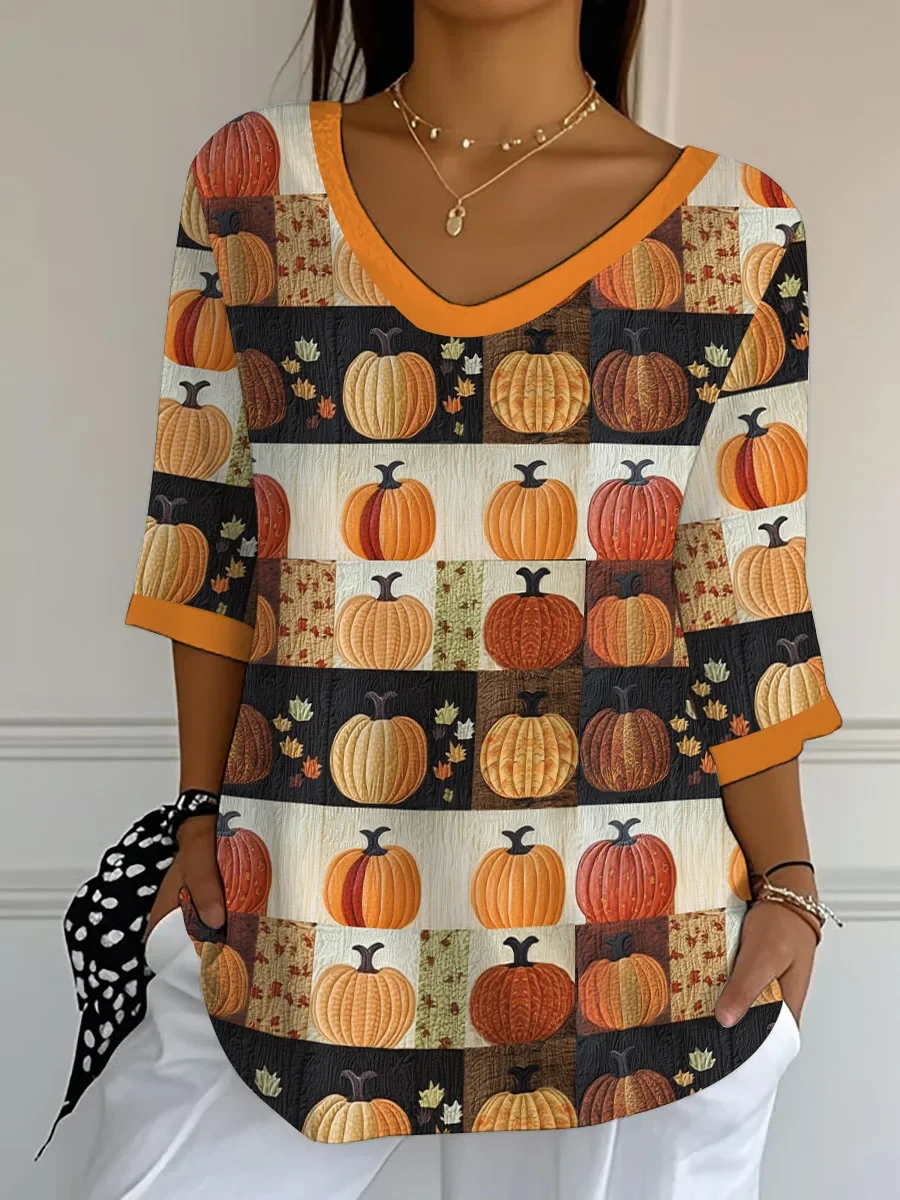 Pumpkin Pattern Cropped Sleeve V-Neck Shirt Autumn Clothing Her Gift - Kdjoy Pumpkin Pattern Cropped Sleeve V-Neck Shirt Autumn Clothing Her Gift - Kdjoy