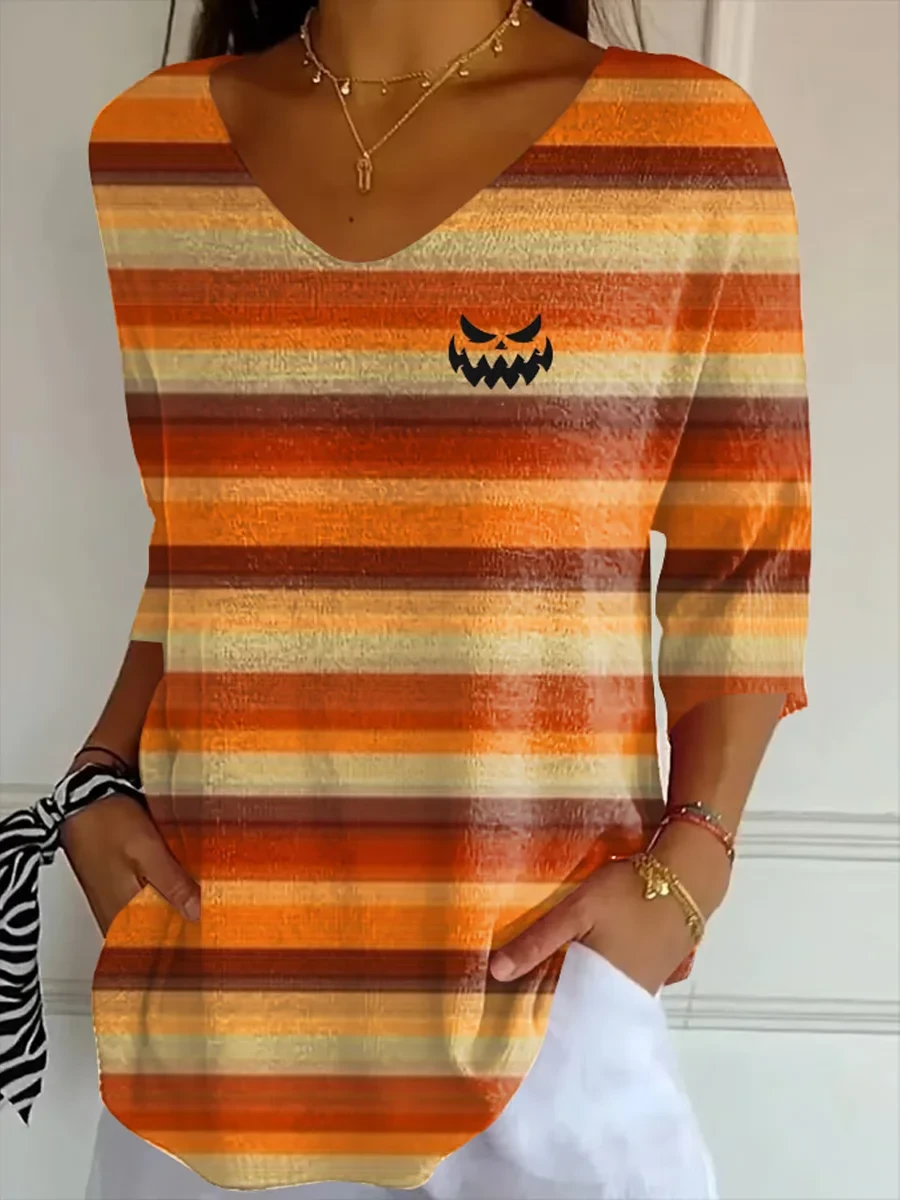 Pumpkin Pattern Cropped Sleeve V-Neck Shirt Funny Halloween Clothing Gift - Kdjoy Pumpkin Pattern Cropped Sleeve V-Neck Shirt Funny Halloween Clothing Gift - Kdjoy
