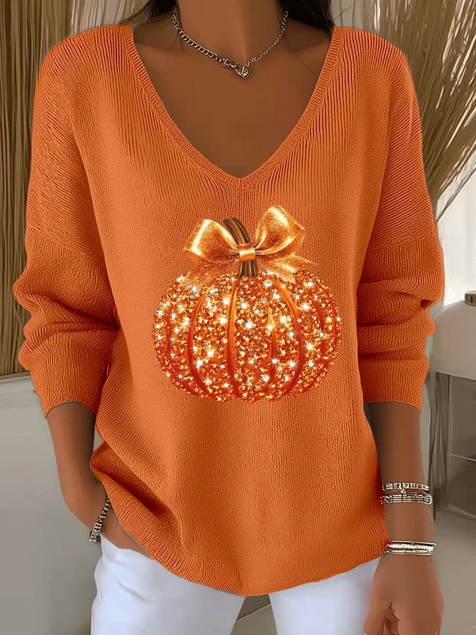 Pumpkin Sequins V-Neck Long Sleeve Shirt Target Halloween Clothing Gift For Trendy Women - Kdjoy