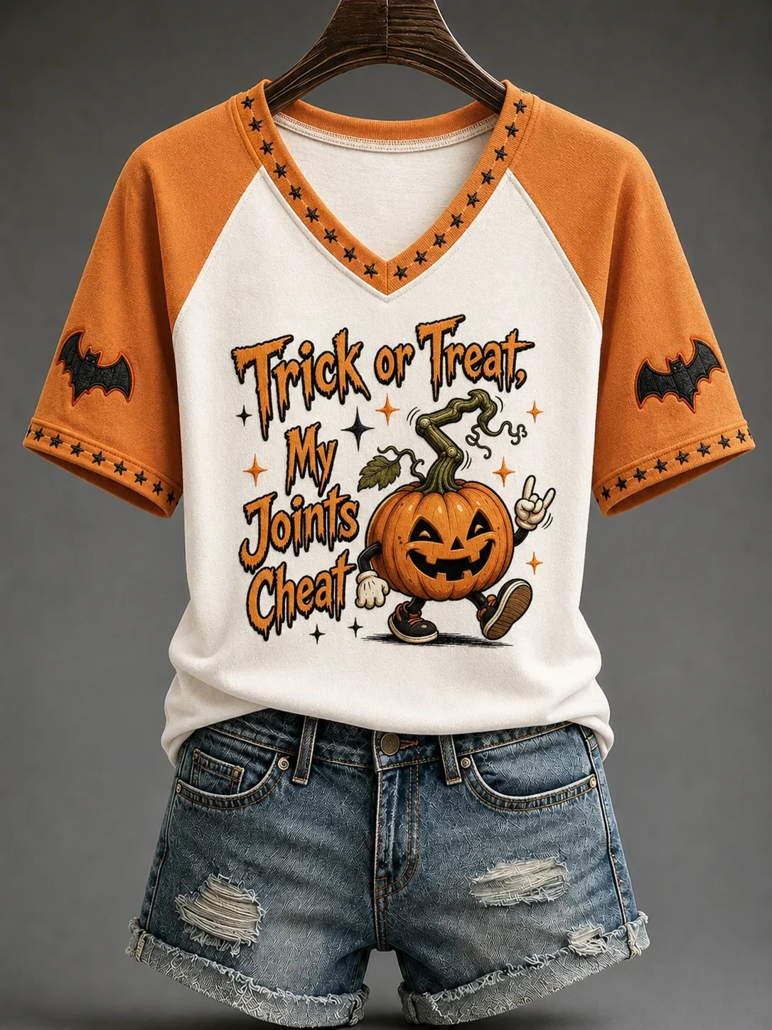 Pumpkin Trick Or Treat Joints Cheat V-Neck Shirt Halloween Apparel Spooky Gifts - Kdjoy