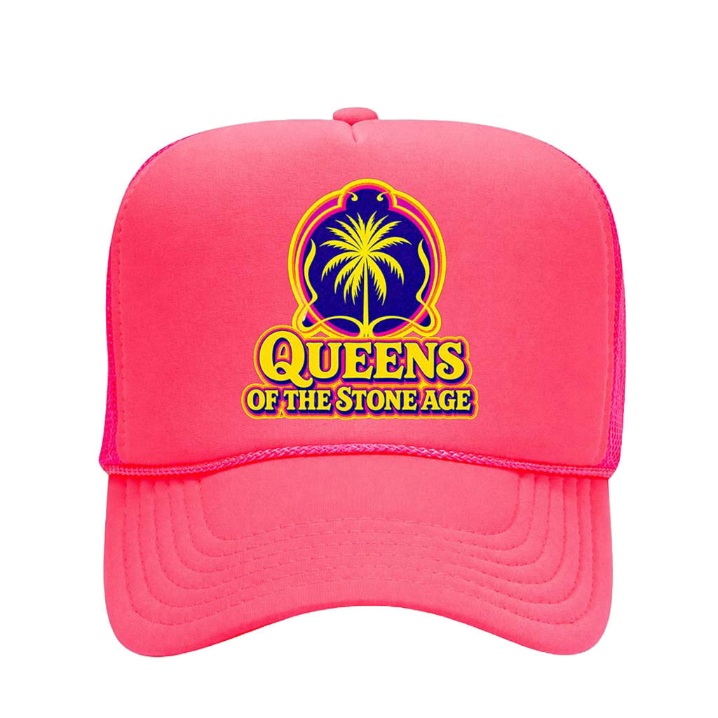 Queens Of The Stone Age Merch Catacombs Tour 2026 Palm Tree Trucker Hat Pink Gifts For Her - Kdjoy Queens Of The Stone Age Merch Catacombs Tour 2026 Palm Tree Trucker Hat Pink Gifts For Her - Kdjoy