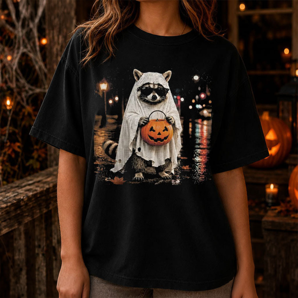 Raccoon Ghost Pumpkin T-Shirt Cute Animal Shirt Halloween Gifts Ideas For Friends - Kdjoy