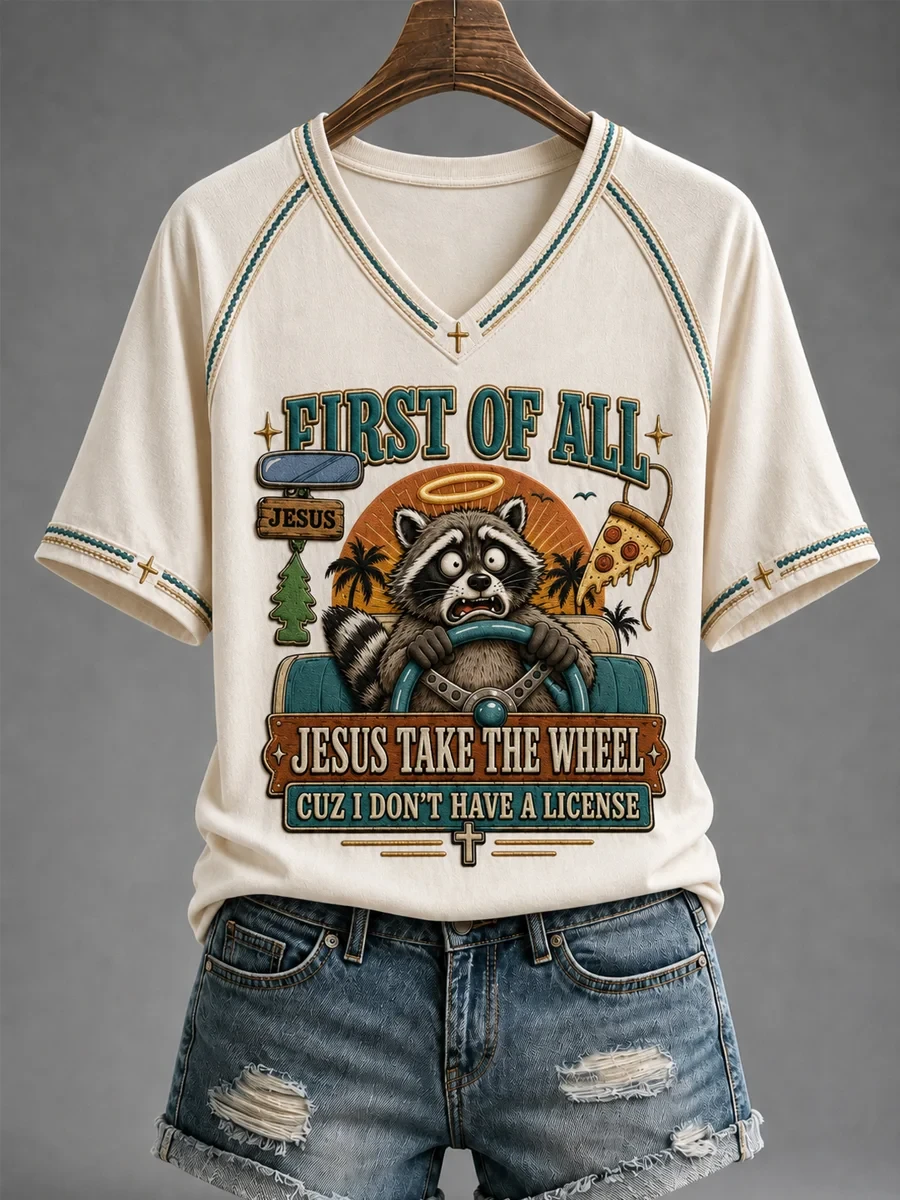 Racoon First Of All Jesus Take The Wheel Cuz I Dont Have A License V-Neck Shirt Funny Christian' - Kdjoy Racoon First Of All Jesus Take The Wheel Cuz I Dont Have A License V-Neck Shirt Funny Christian' - Kdjoy