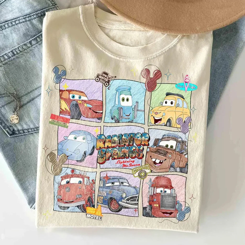 Radiator Springs Shirt Lightning McQueen Sally Tow Mater Tee Pixar Cars Merch Cartoon Gifts - Kdjoy