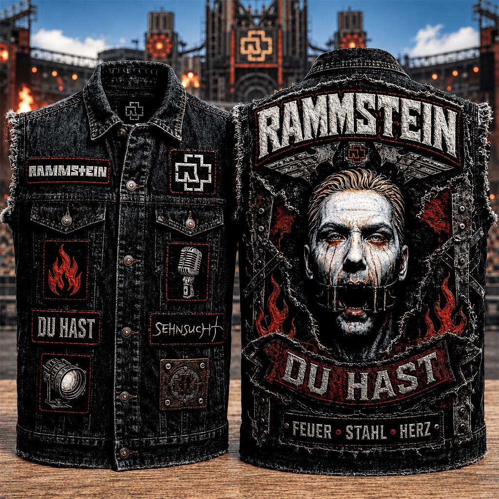 Rammstein Du Hast Feuer Stahl Herz Denim Vest Rammstein Merch Gift Ideas For Band Fans - Kdjoy