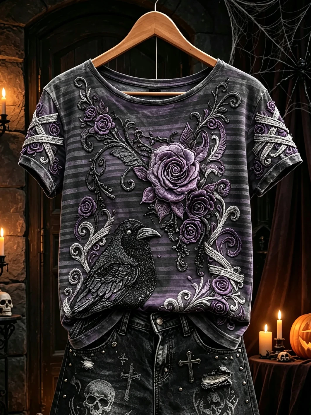 Raven And Roses T-Shirt Gothic Halloween Merch Trendy Halloween Apparel - Kdjoy