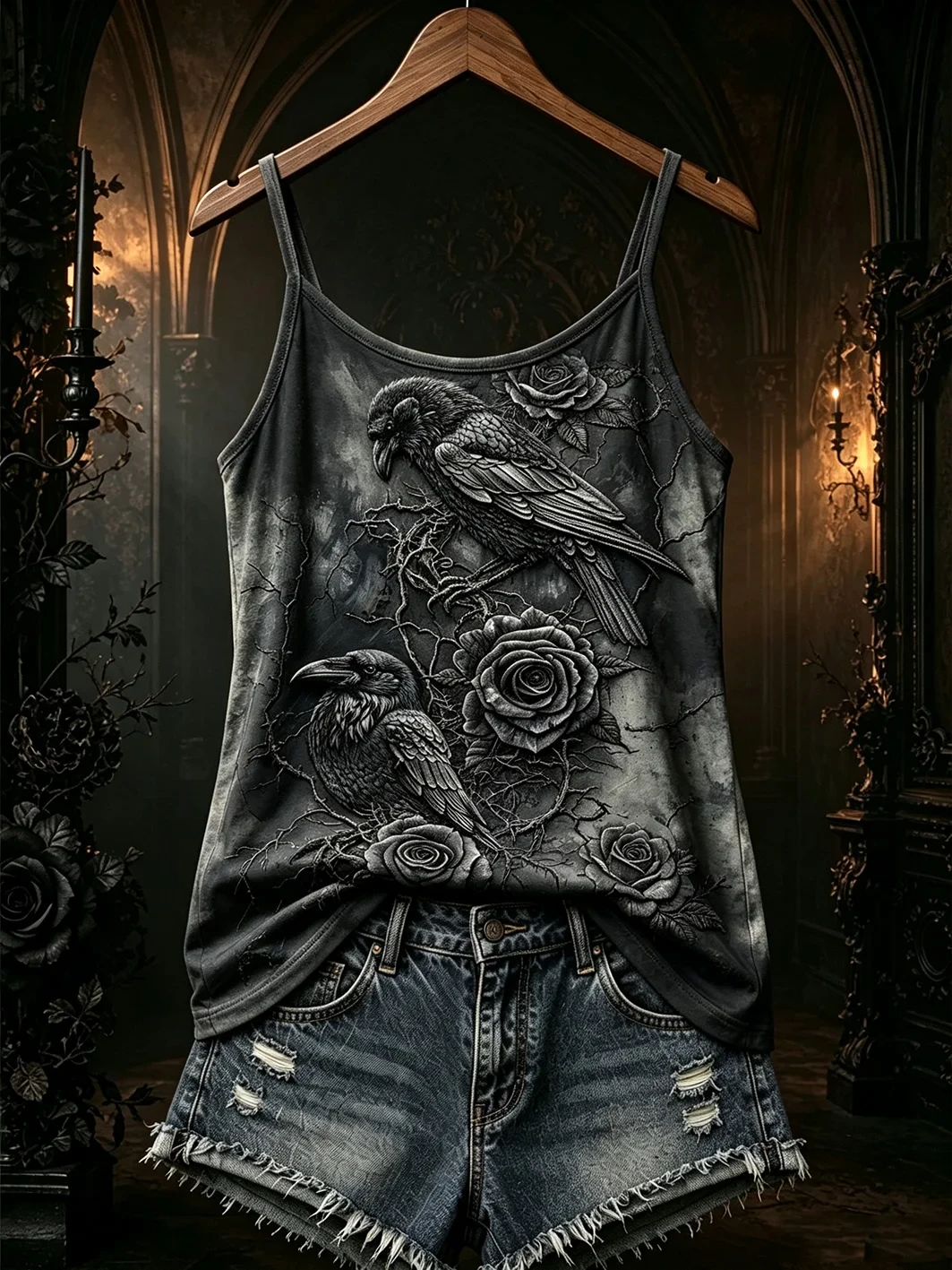 Raven And Roses Tank Top Gothic Raven Dark Floral Clothes Halloween Lover Gift Ideas - Kdjoy
