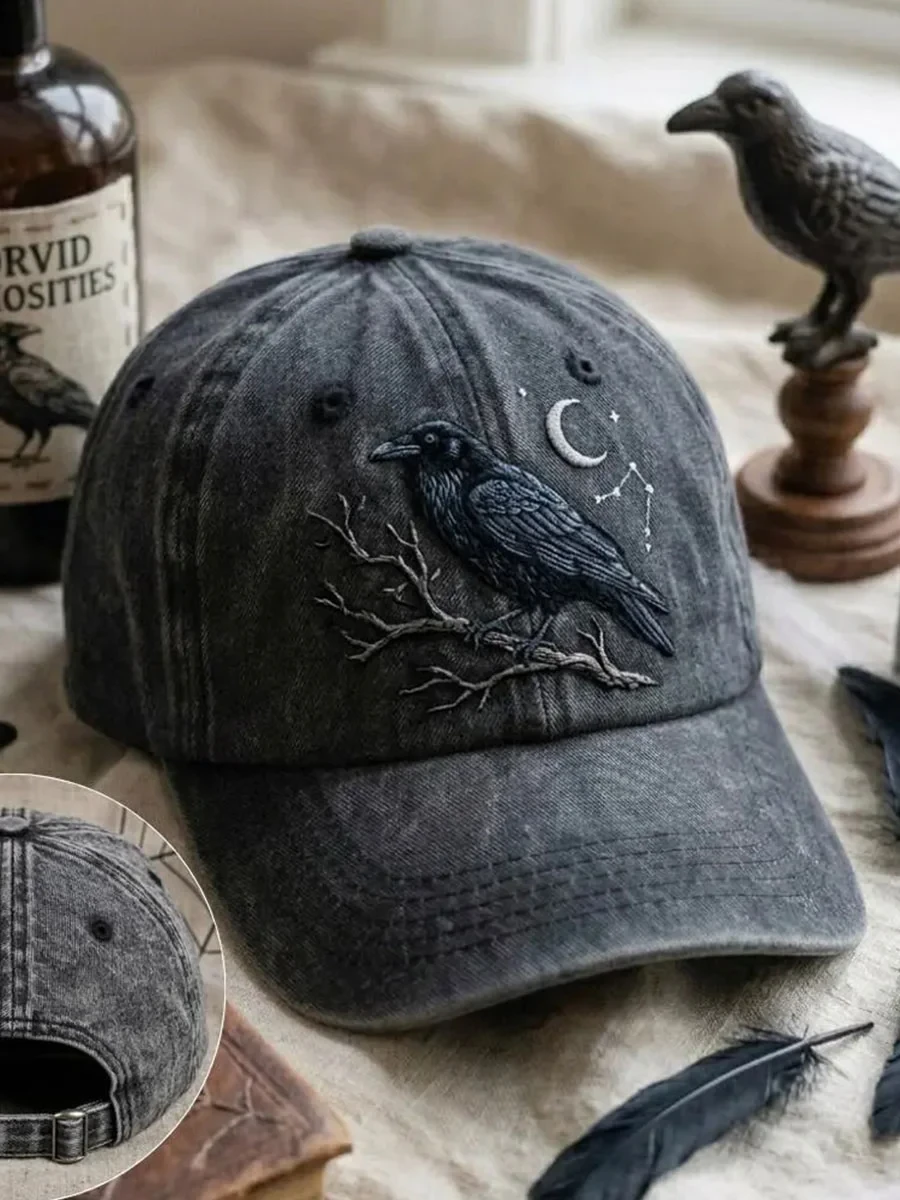 Raven Crow On Branch Baseball Cap Gothic Celestial Moon Stars Merch Gift For Fans - Kdjoy Raven Crow On Branch Baseball Cap Gothic Celestial Moon Stars Merch Gift For Fans - Kdjoy