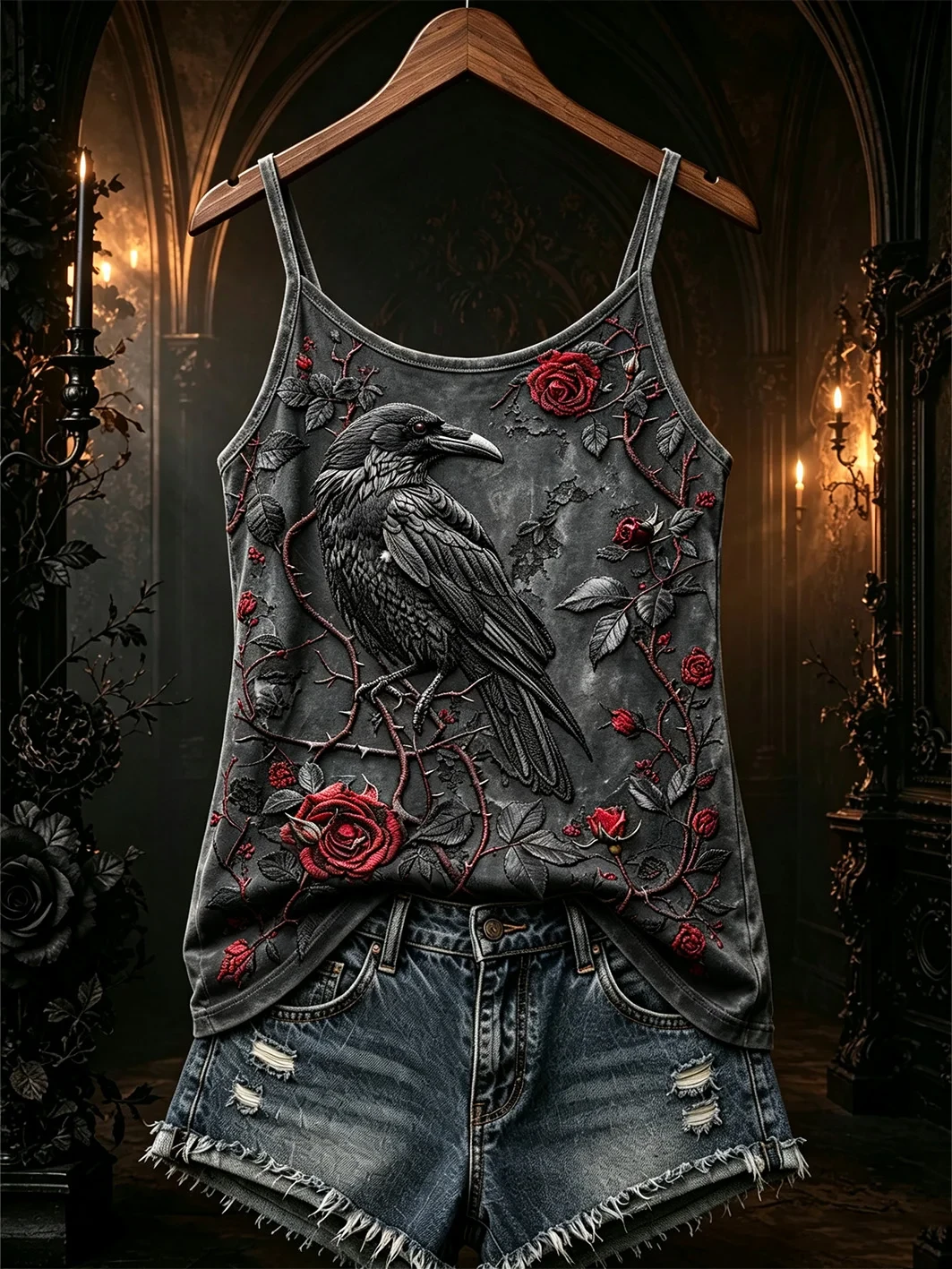 Raven With Red Roses Tank Top Gothic Raven Merch Birthday Gifts For Women - Kdjoy