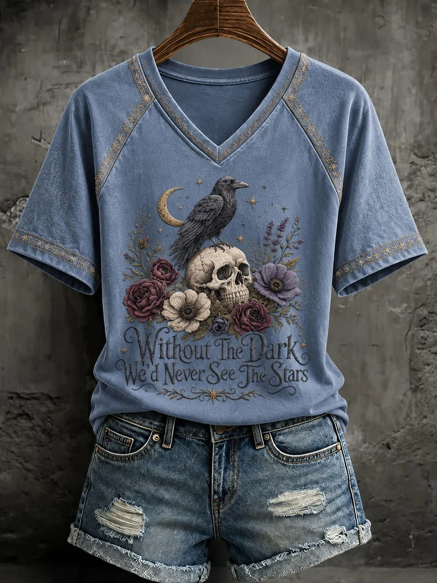 Raven Without The Dark We Would Never See The Stars V-Neck Shirt Gothic Themed Apparel - Kdjoy Raven Without The Dark We Would Never See The Stars V-Neck Shirt Gothic Themed Apparel - Kdjoy
