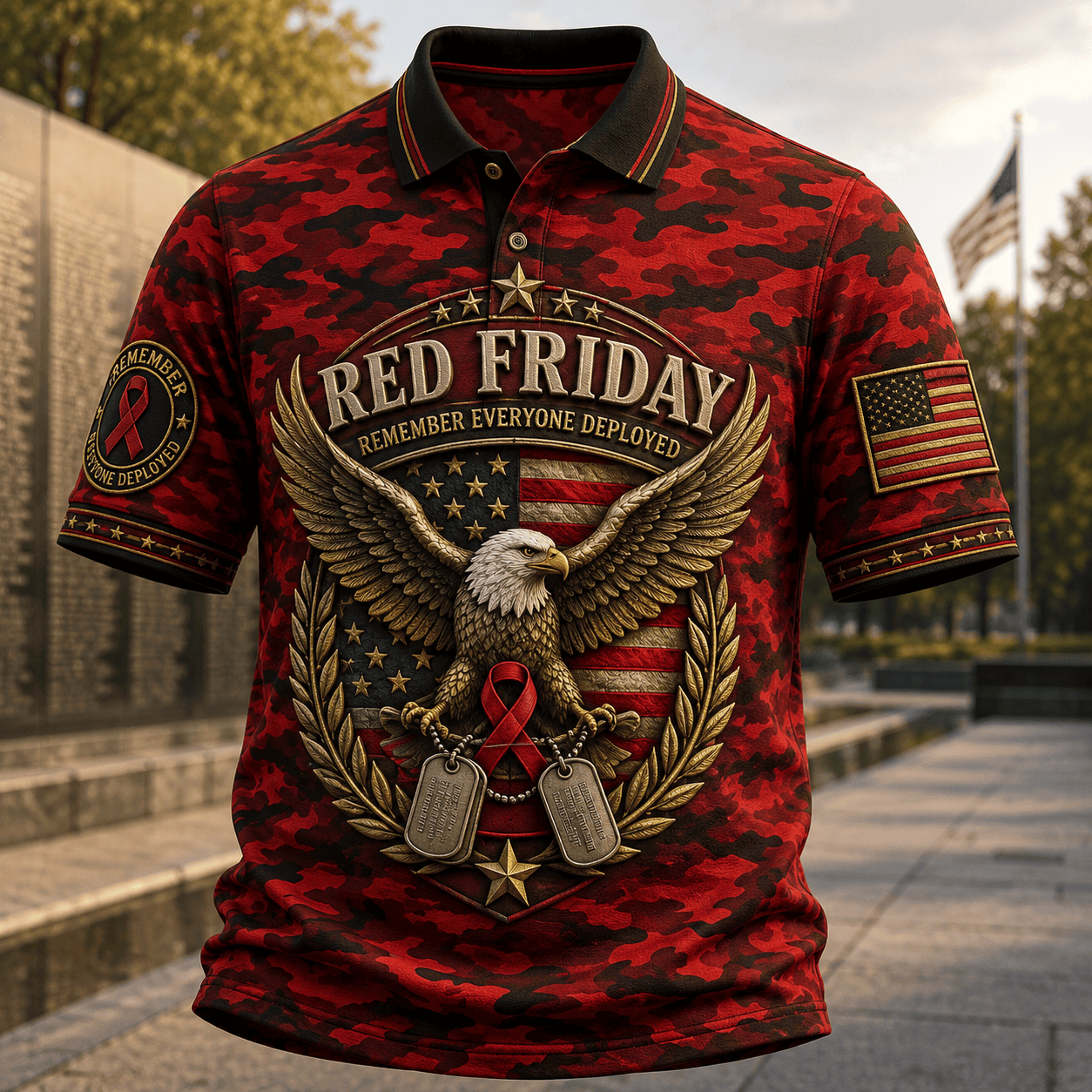 RED Friday Eagle Camo Polo Shirt Remember Everyone Deployed Merch Present For Veteran - Kdjoy