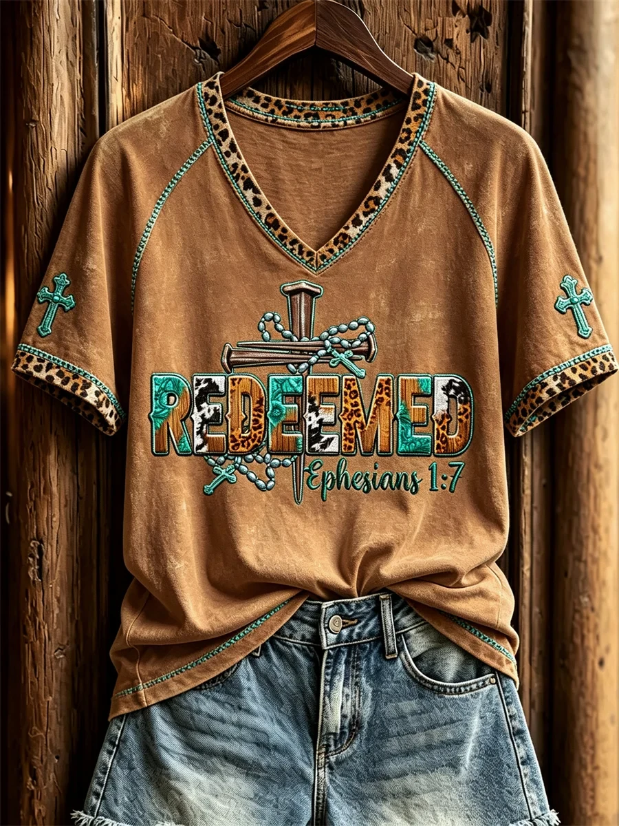 Redeemed Turquoise Cross Leopard Western V-Neck Shirt Christian Gifts For Ladies - Kdjoy