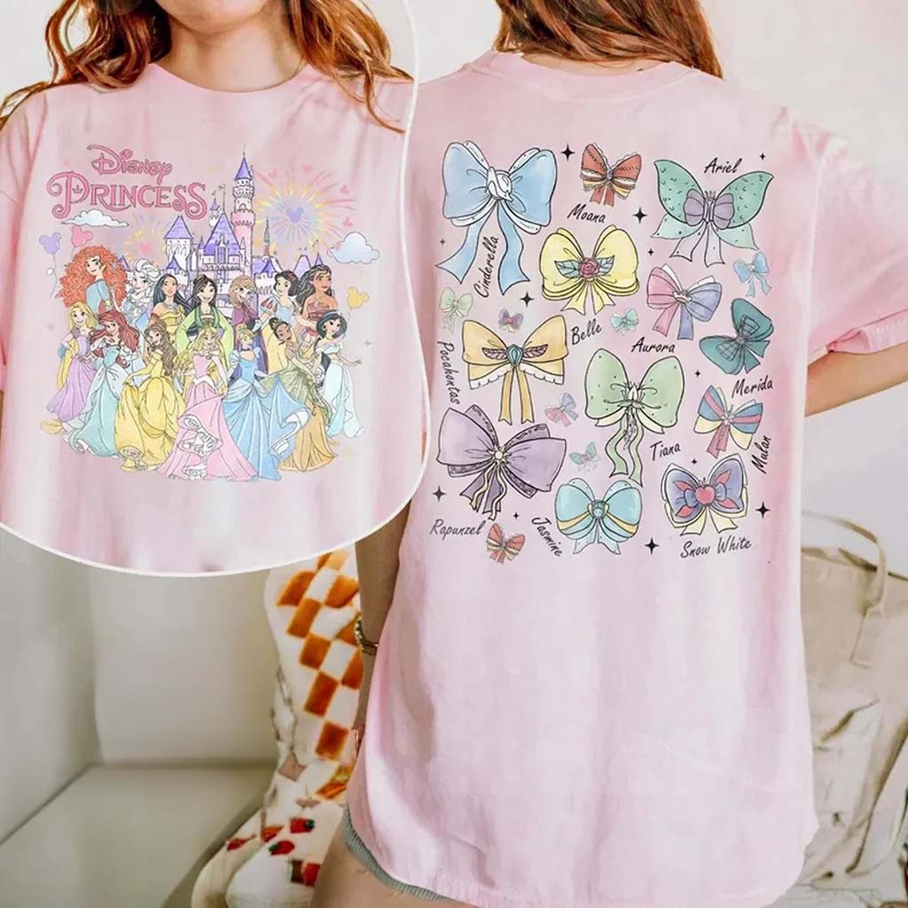 Retro D Princess T-Shirt Watercolor Magic Castle Princess Coquette Bow Tee Cute Gift For Her - Kdjoy