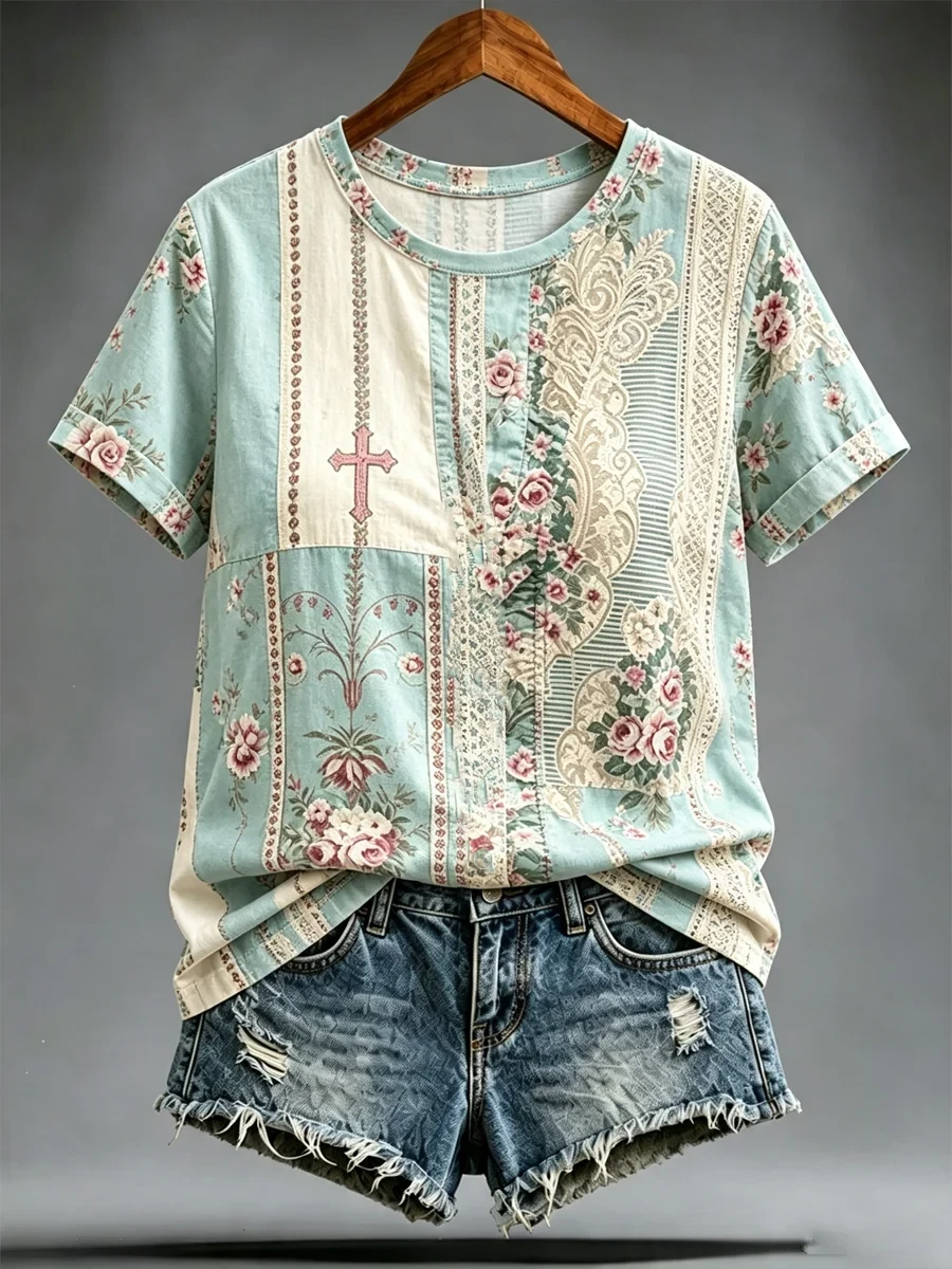 Retro Faith Floral T-Shirt Floral Patchwork Cross Tee Good Gifts For Women - Kdjoy