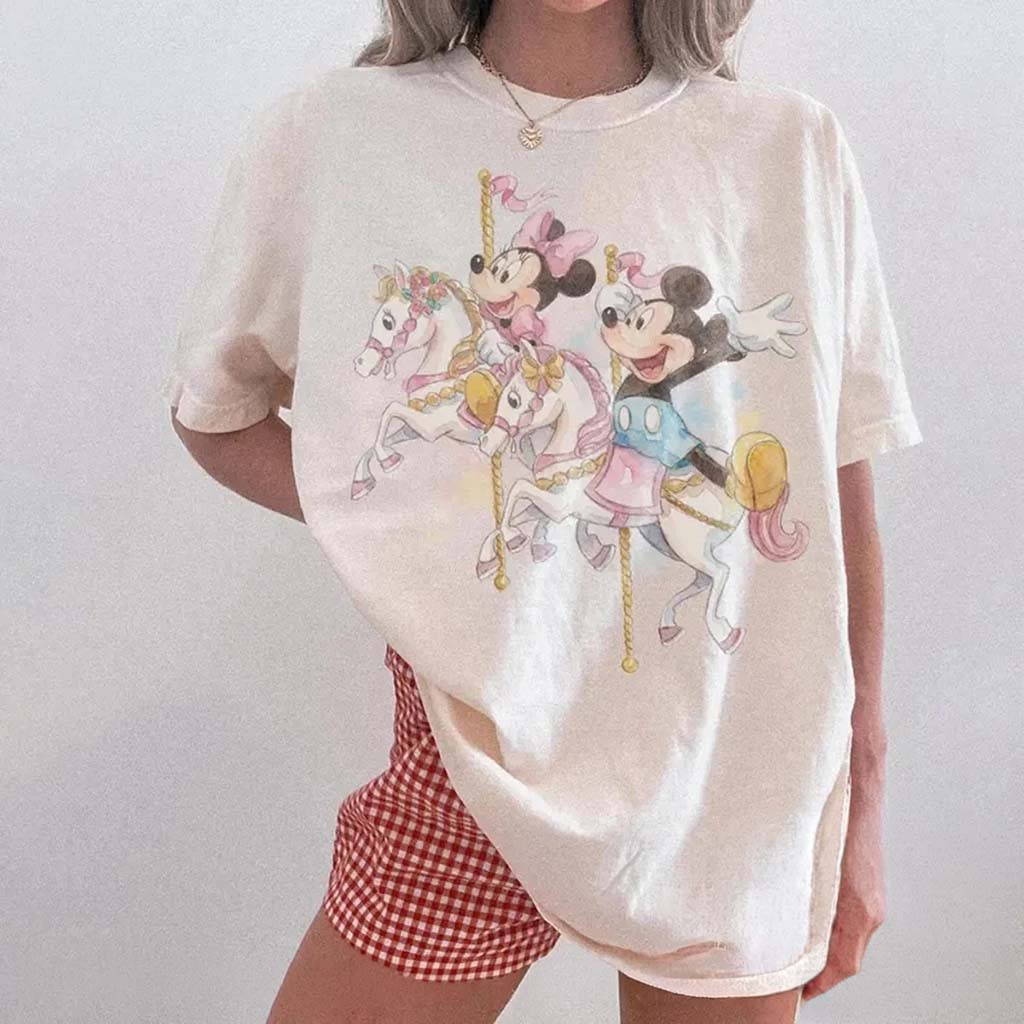Retro Mickey Minnie Carousel Shirt Cute Cartoon Characters Tee Gift For Her - Kdjoy