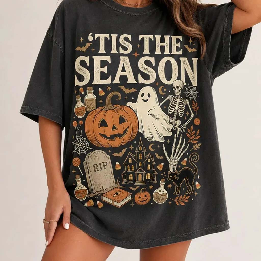 Retro Tis The Season Skeleton Ghost T-Shirt Halloween Apparel Spooky Gifts - Kdjoy