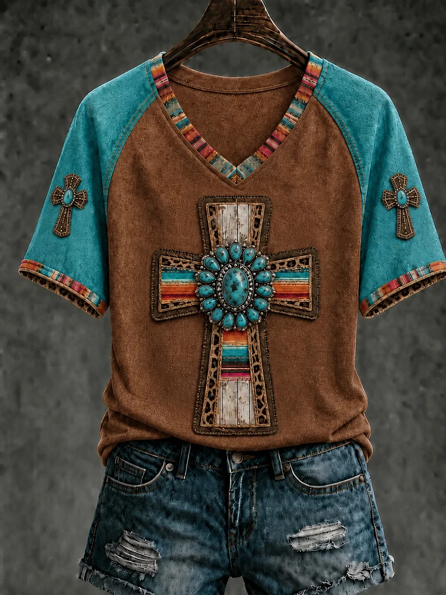 Retro Western Christian Cross V-Neck Shirt Faith Based Clothing Lines Best Gifts For Women - Kdjoy
