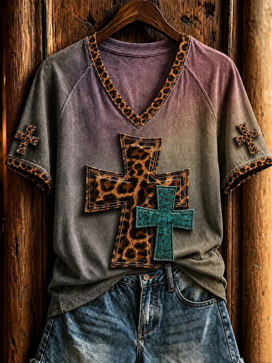 Retro Western Christian Cross V-Neck T-Shirt Faith Based Women's Clothing Gifts For Religious - Kdjoy