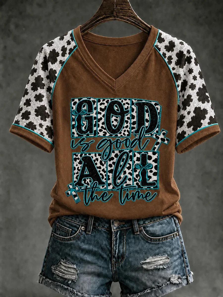 Retro Western Christian God Is Good All The Time Cross V-Neck Shirt Religious Gifts For Mom - Kdjoy