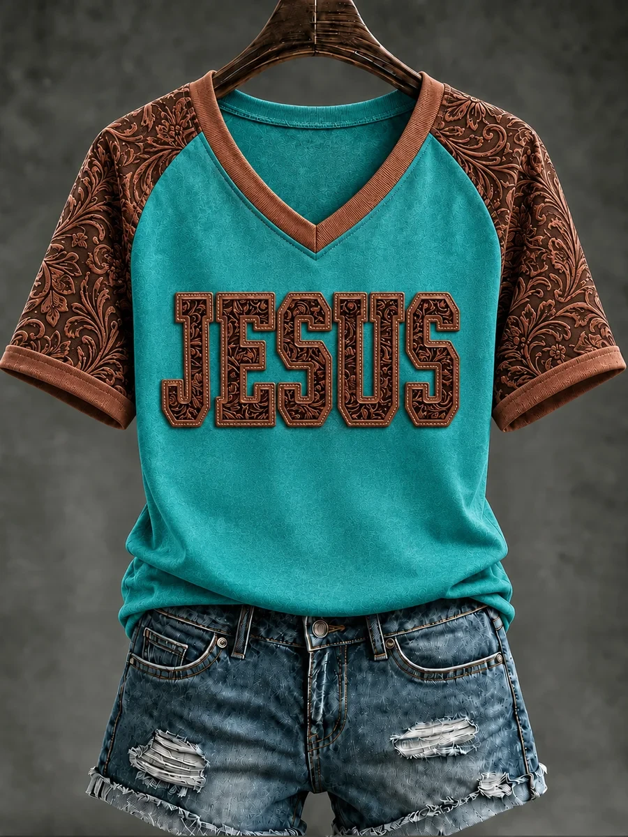 Retro Western Christian Jesus V-Neck Shirt Women's Religious Clothing Gift For Jesus Lovers - Kdjoy