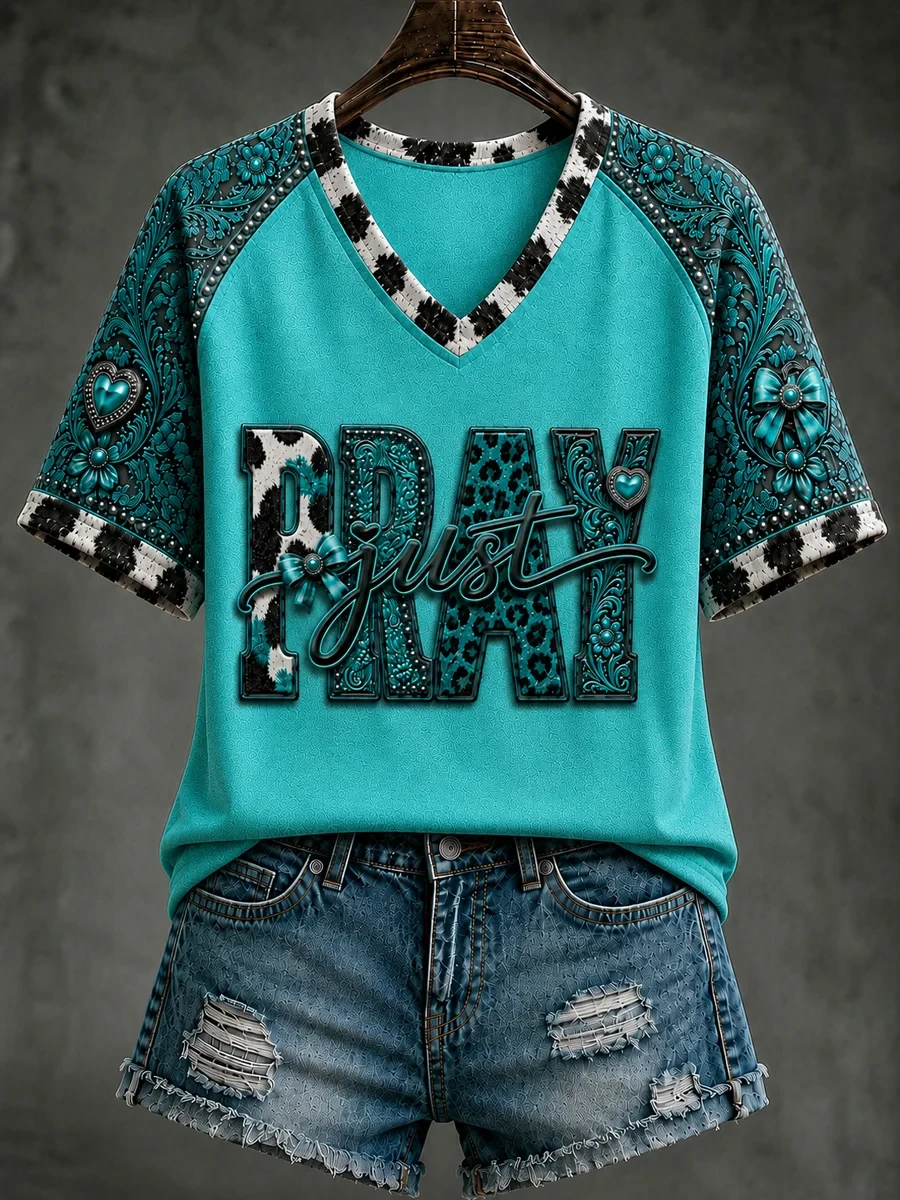 Retro Western Christian Just Pray V-Neck Shirt Love In Faith Apparel Unique Religious Gifts - Kdjoy