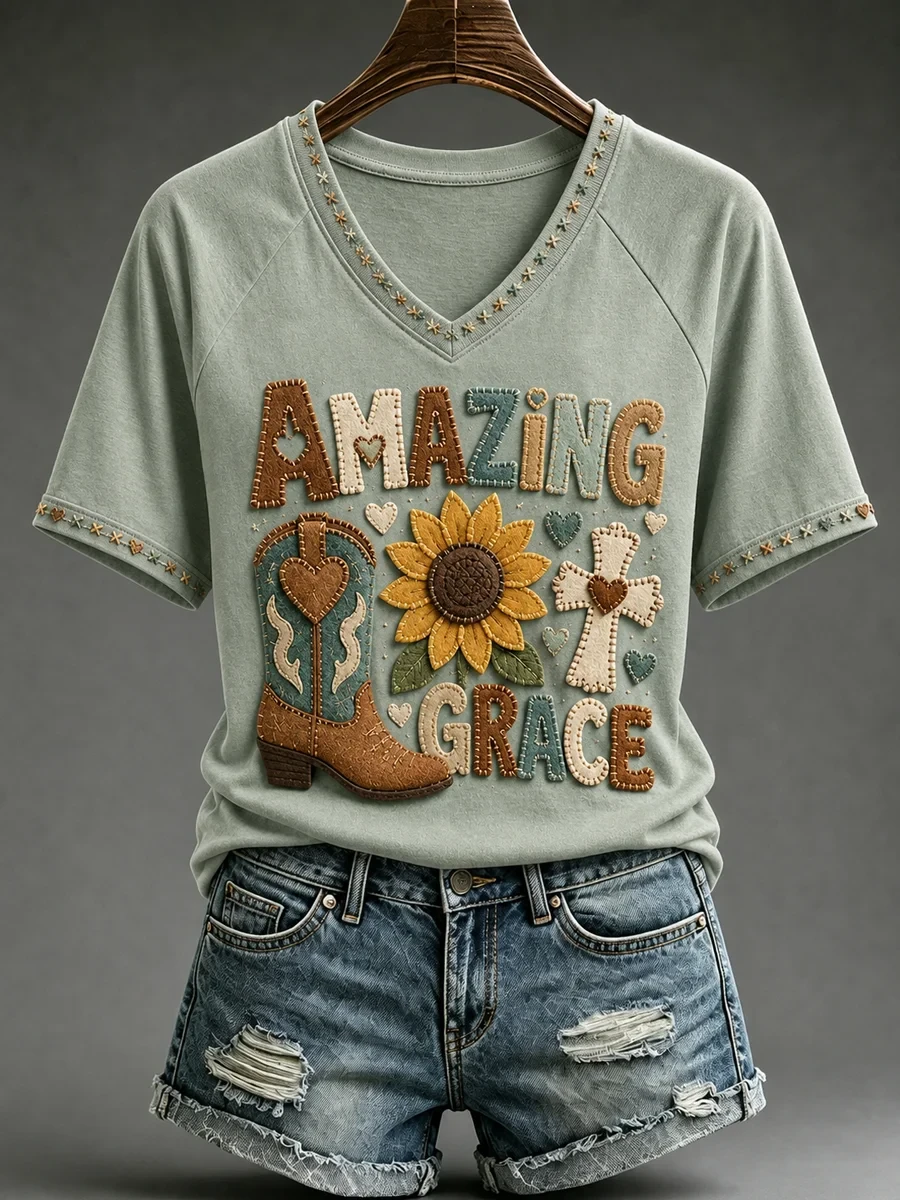 Retro Western Cross Amazing Grace V-Neck Shirt Faith Christian Shirts Religious Gifts For Her - Kdjoy