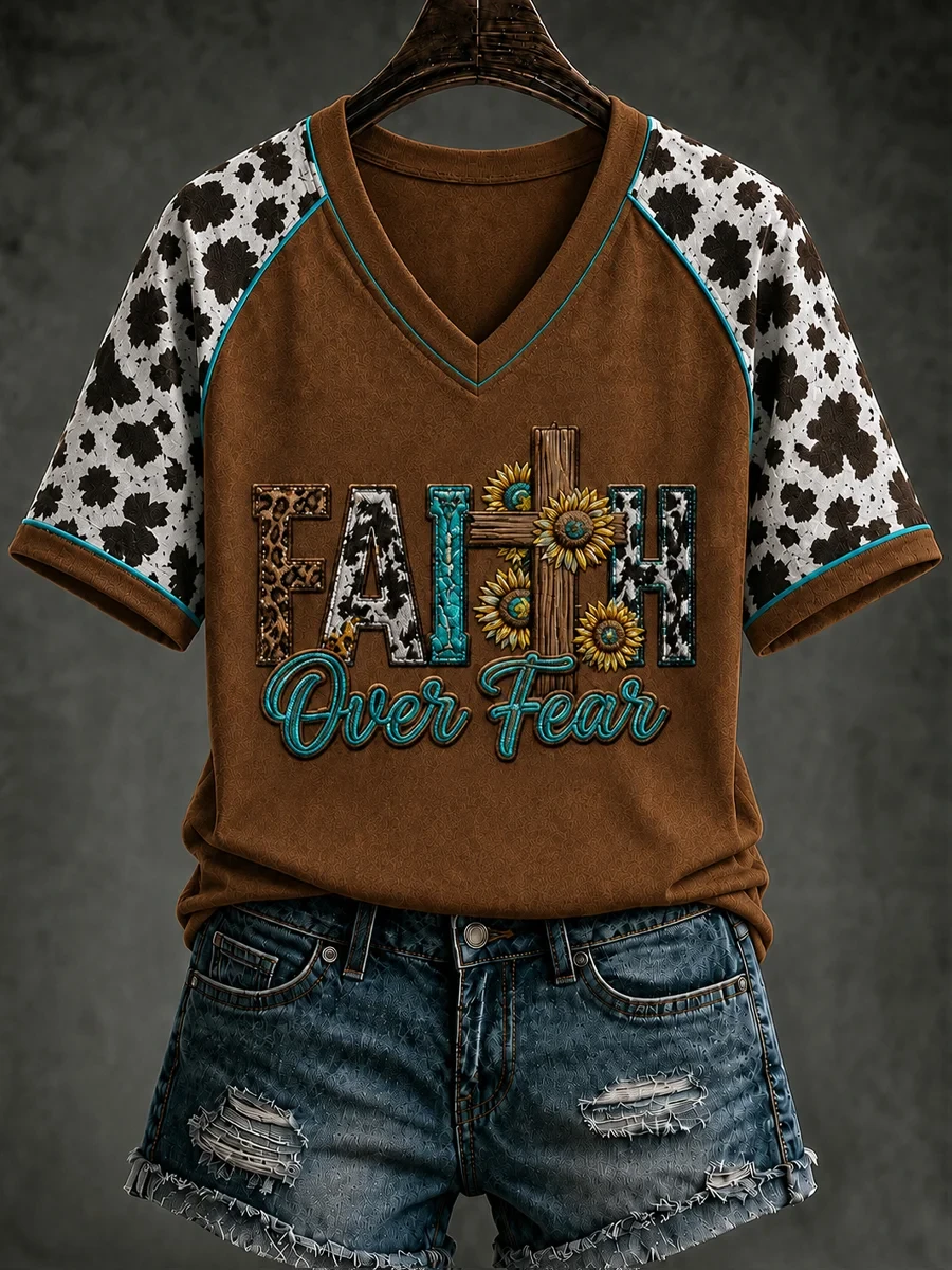Retro Western Faith Over Fear Cross V-Neck Shirt Womens Christian Apparel Religious Gifts - Kdjoy