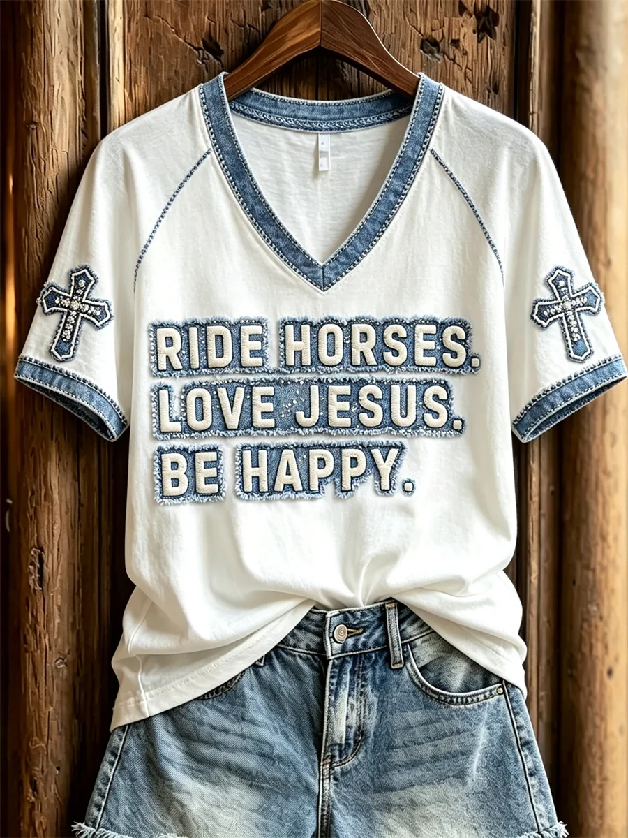 Ride Horses Love Jesus Be Happy Cross V-Neck Shirt Christian Gifts For Mom - Kdjoy