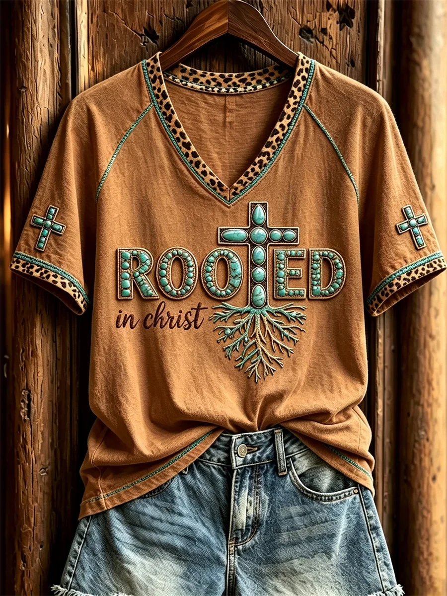 Rooted In Christ Turquoise Cross Tree Leopard Western V-Neck Shirt Christian Gifts For Mothers - Kdjoy