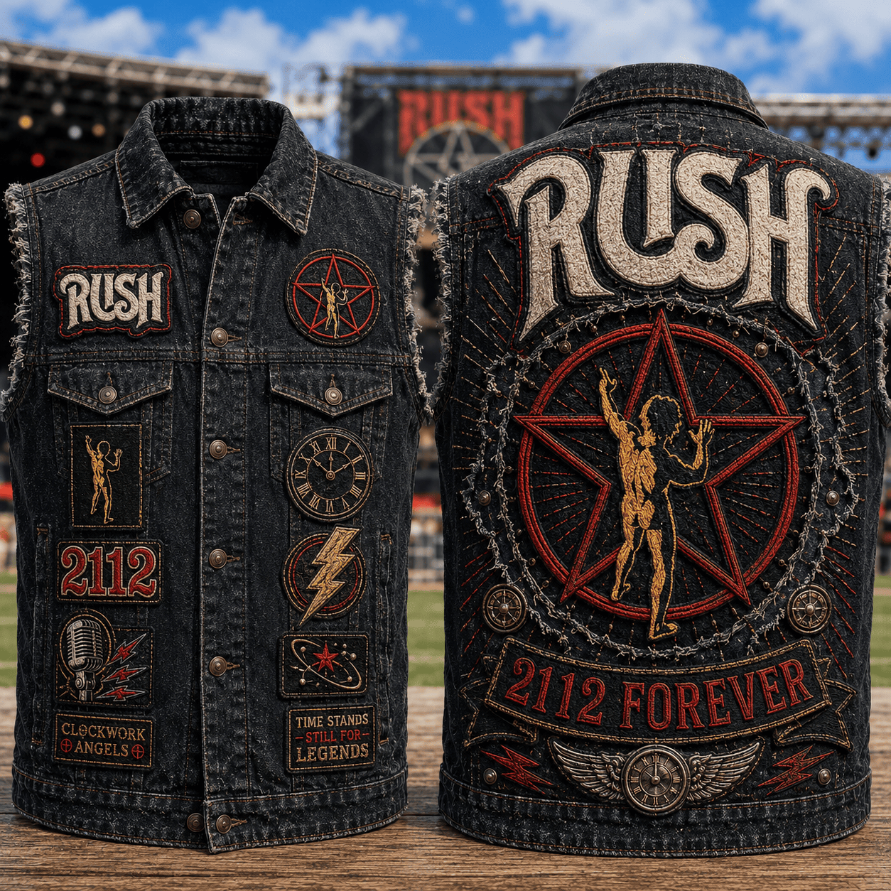 RUSH 2112 Forever Denim Vest Time Stands Still For Legends RUSH Band Merch Gift For Music Fans - Kdjoy RUSH 2112 Forever Denim Vest Time Stands Still For Legends RUSH Band Merch Gift For Music Fans - Kdjoy