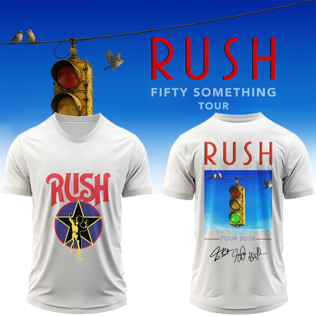 RUSH Fifty Something Tour 2026 Signed V-Neck Shirt White RUSH Merch Music Fans Gift - Kdjoy