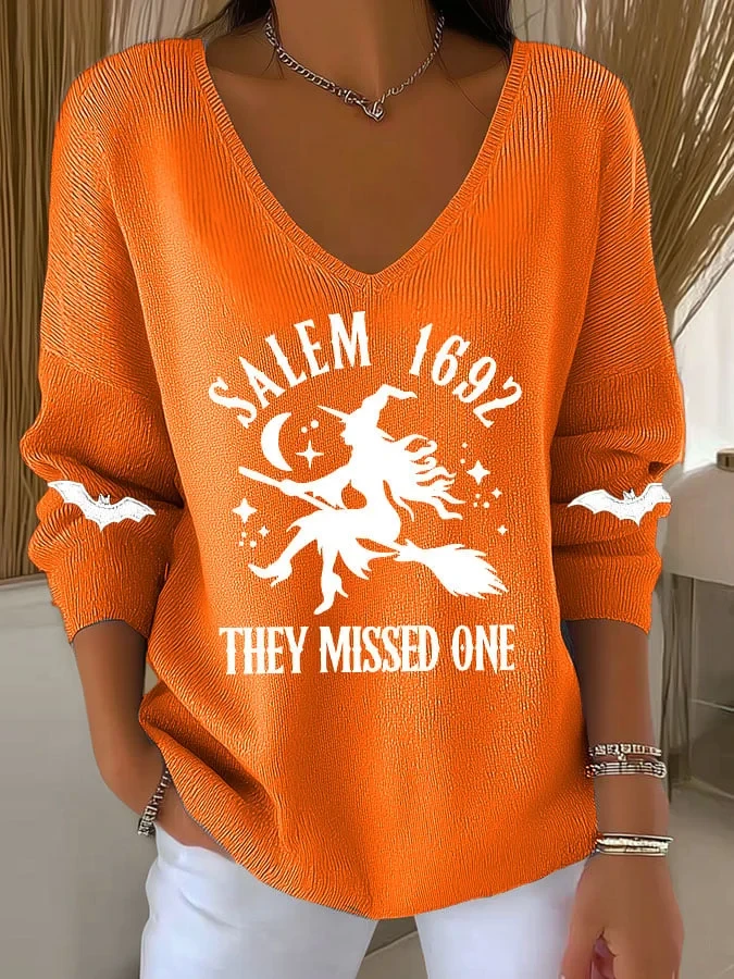 Salem 1692 Flying Witch Silhouette V-Neck Long Sleeve Shirt Halloween Clothing Gift For Fans - Kdjoy