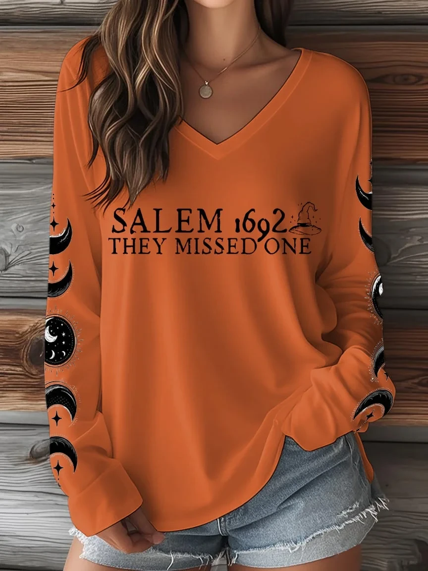 Salem 1692 They Missed One V-Neck Long Sleeve Shirt Halloween Clothing Gift For Salem Fans - Kdjoy