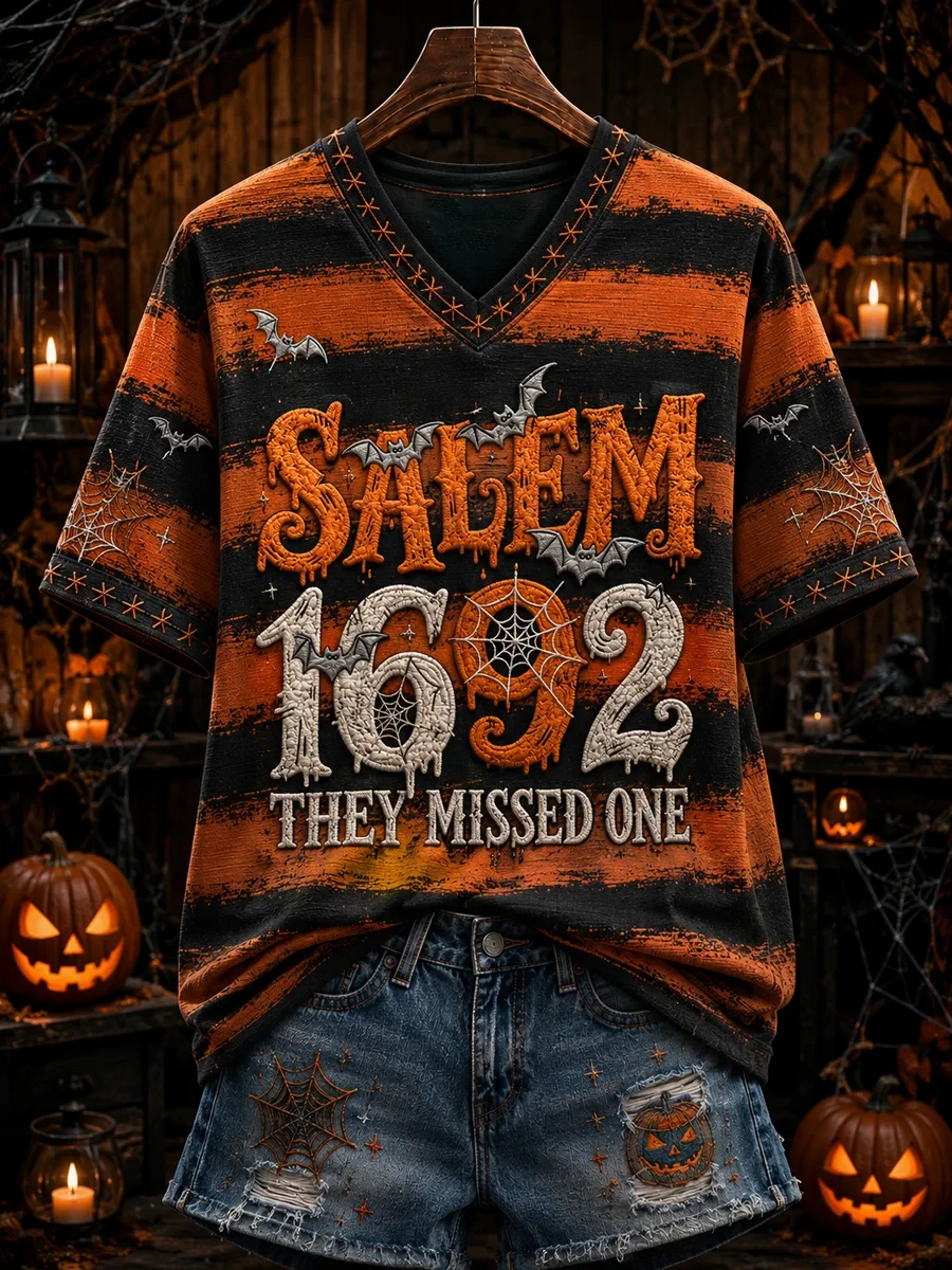 Salem 1692 They Missed One V-neck Shirt Striped Shirt Halloween Gifts For Witches - Kdjoy Salem 1692 They Missed One V-neck Shirt Striped Shirt Halloween Gifts For Witches - Kdjoy