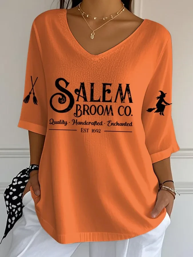 Salem Broom Co Crop Sleeve V-Neck Shirt Womens Witch Outfit Best Gift For Halloween - Kdjoy
