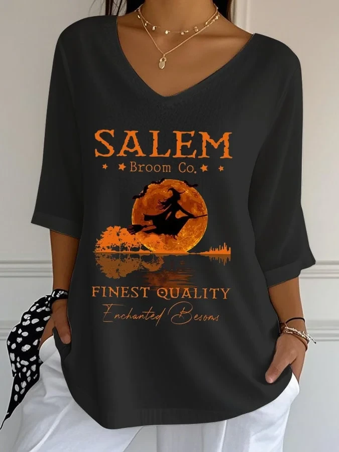 Salem Broom Co Finest Quality Crop Sleeve V-Neck Shirt Witch Outfits Best Halloween Gifts - Kdjoy