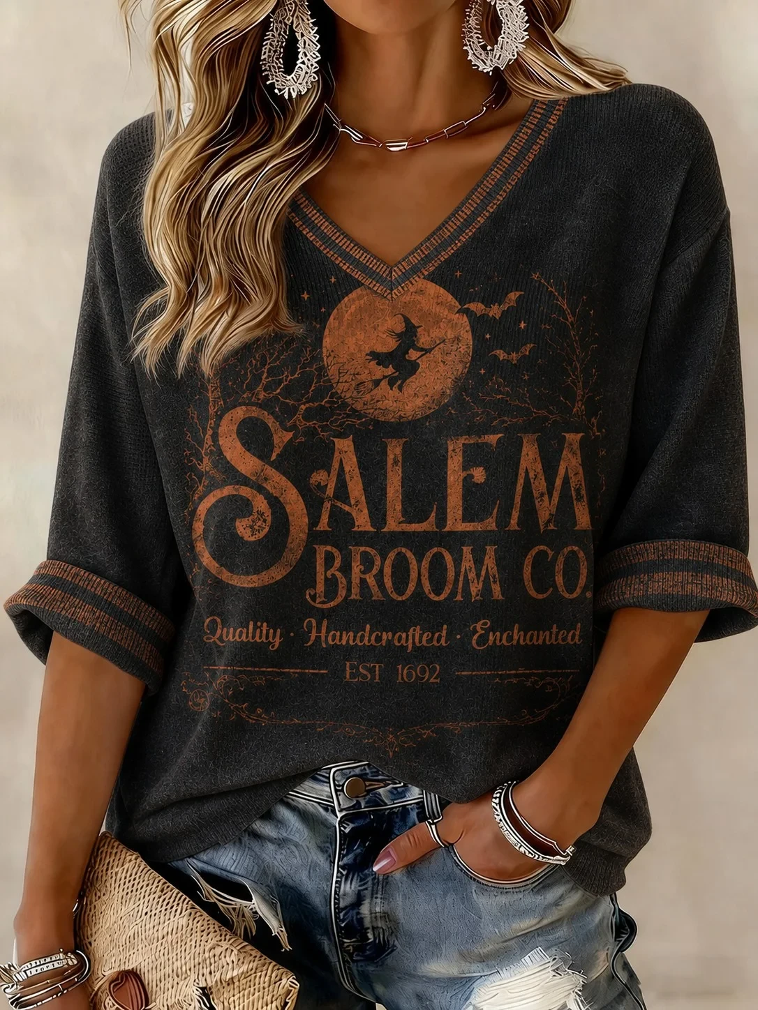 Salem Broom Company Cropped Sleeve V-Neck T-Shirt Quality Handcrafted Enchanted Clothes Fan Gift - Kdjoy Salem Broom Company Cropped Sleeve V-Neck T-Shirt Quality Handcrafted Enchanted Clothes Fan Gift - Kdjoy
