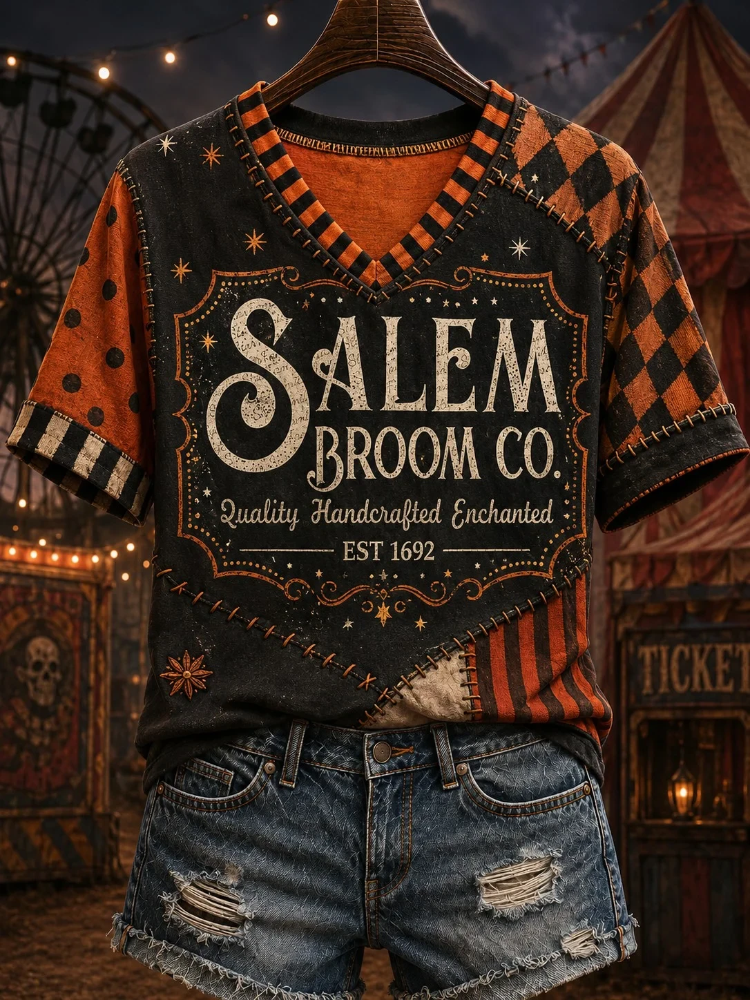 Salem Broom Company V-Neck Shirt Quality Handcrafted Enchanted Shirt Women's Halloween Clothes - Kdjoy