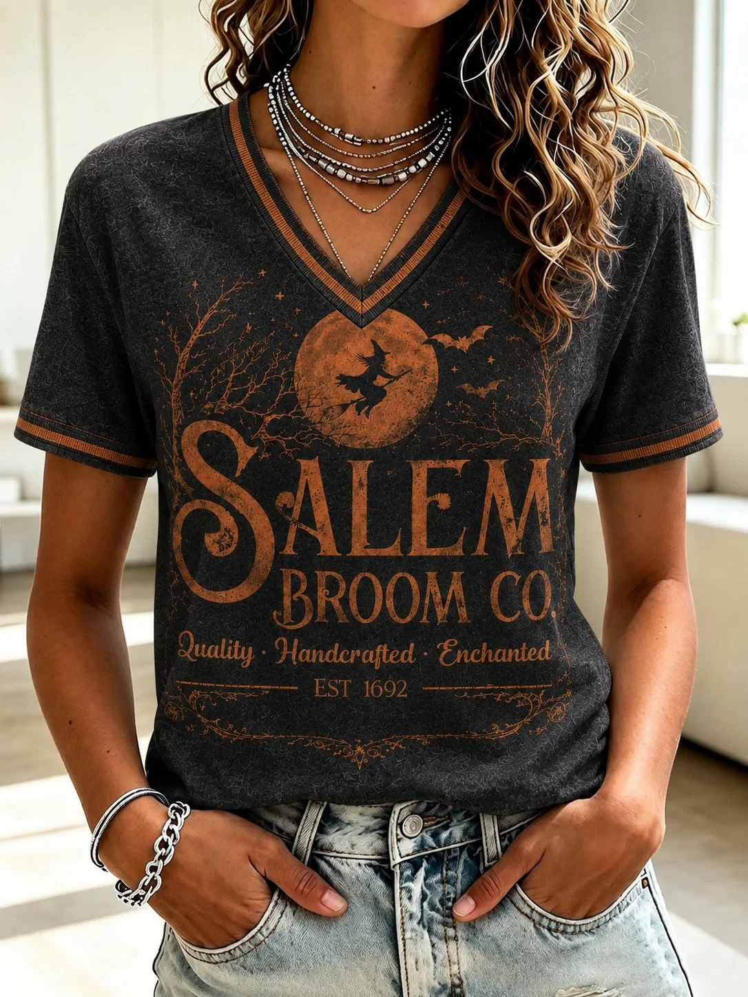 Salem Broom Company V-Neck Shirt Witch Outfit For Women Gifts For Halloween Lovers - Kdjoy
