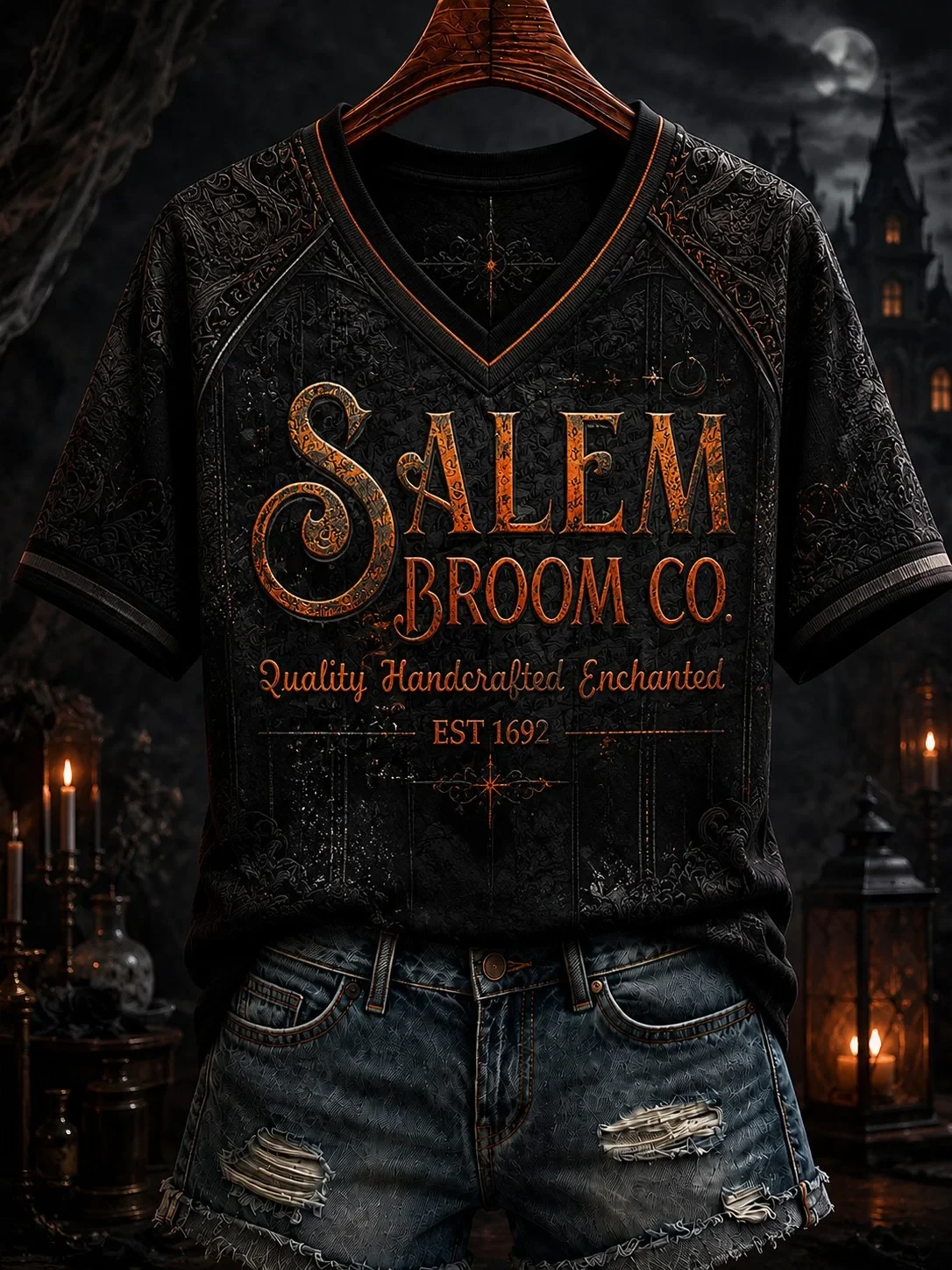 Salem Broom Company V-Neck T-Shirt Quality Handcrafted Enchanted Halloween Apparel Women's - Kdjoy Salem Broom Company V-Neck T-Shirt Quality Handcrafted Enchanted Halloween Apparel Women's - Kdjoy