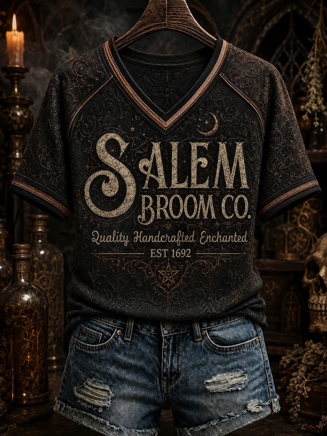 Salem Broom Company V-Neck T-Shirt Quality Handcrafted Enchanted Shirt Halloween Gifts - Kdjoy