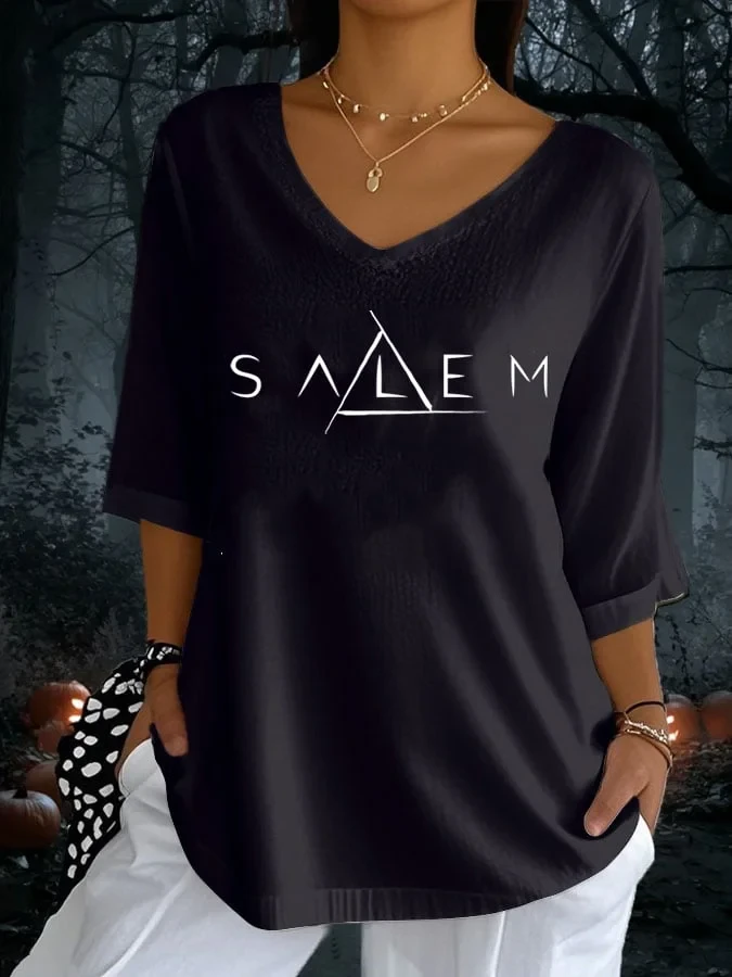Salem Crop Sleeve V-Neck Shirt Black Witch Outfit For Women Halloween Gifts Ideas - Kdjoy