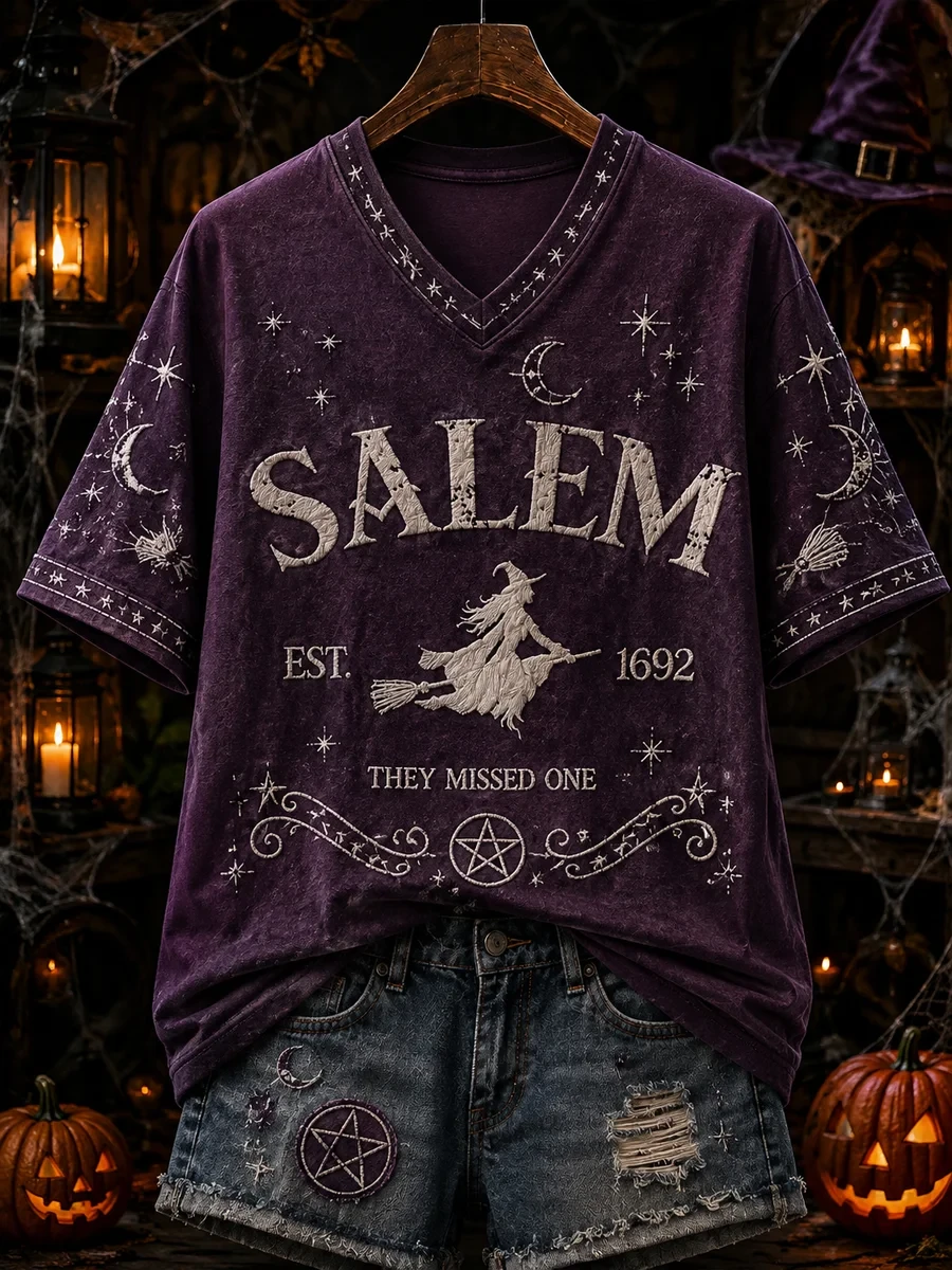 Salem They Missed One Est 1692 V-Neck Shirt Witches Outfit Halloween Gift Ideas - Kdjoy