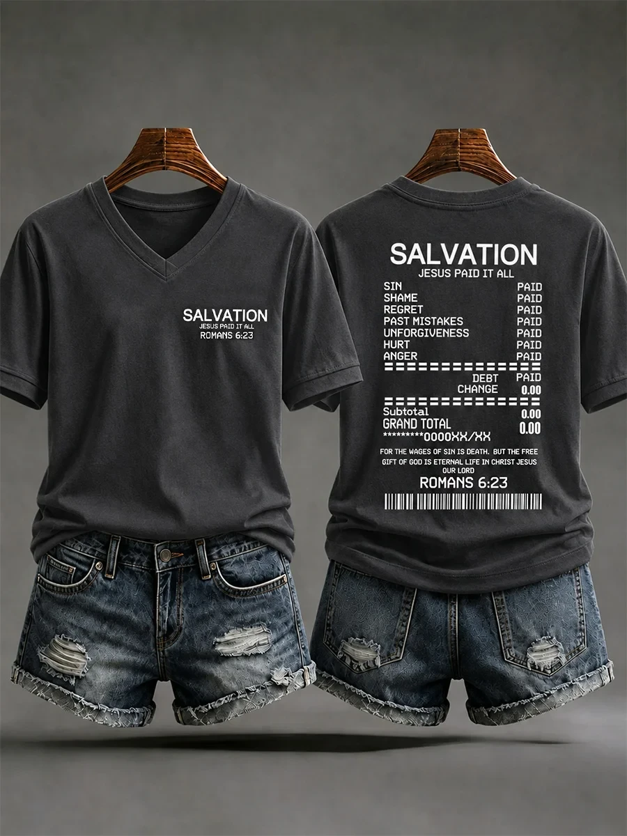 Salvation Jesus Paid It All V-Neck Shirt Bible Verse Apparel Gift For Christian Friends - Kdjoy