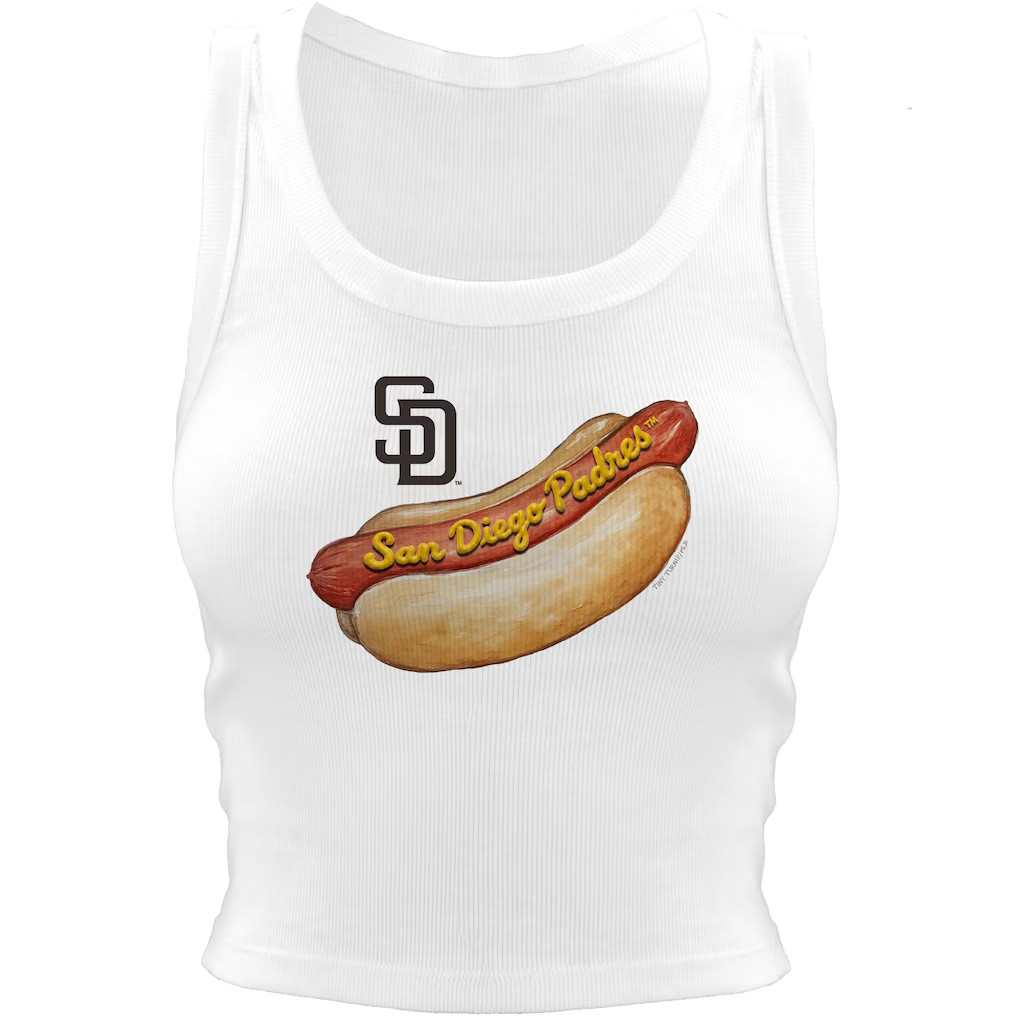 San Diego Padres Merch 2026 SD Padres Tiny Turnip Women's Hot Dog Crop Tank Top White - Kdjoy