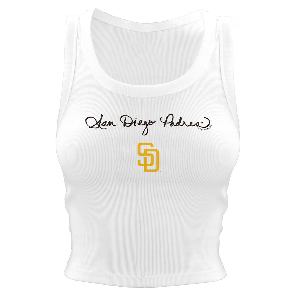 San Diego Padres Merch 2026 SD Padres Tiny Turnip Women's Script Logo Crop Tank Top White - Kdjoy
