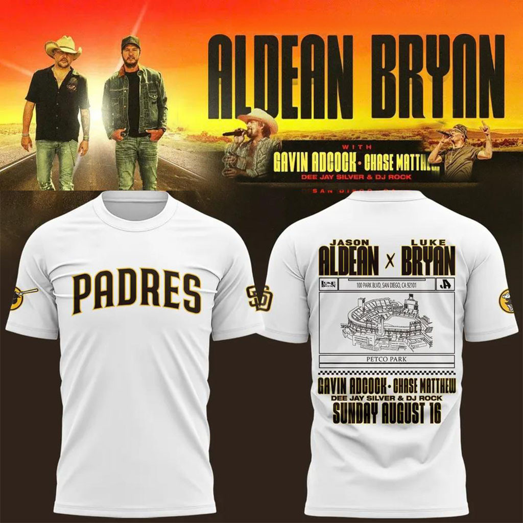 San Diego Padres x Jason Aldean Luke Bryan Double Down Tour 2026 Shirt White Padres Merch - Kdjoy San Diego Padres x Jason Aldean Luke Bryan Double Down Tour 2026 Shirt White Padres Merch - Kdjoy