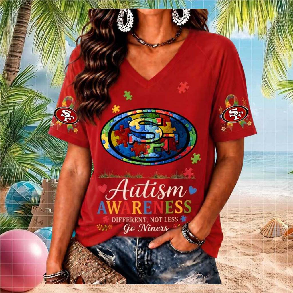 San Francisco 49ers Autism Awareness Puzzle Piece V-Neck Shirt SF 49ers Merch Gift For Autistic - Kdjoy