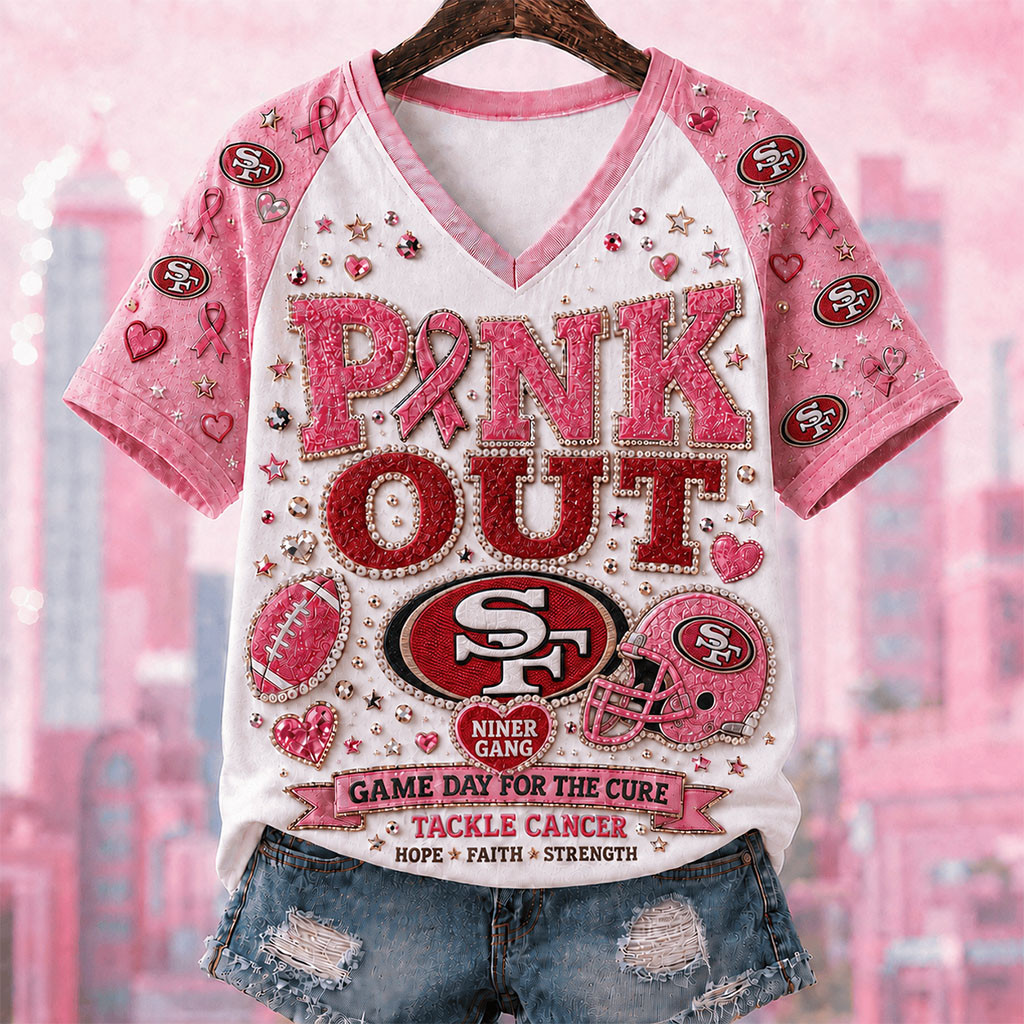 San Francisco 49ers Breast Cancer Awareness V-Neck Shirt Pink Out Game Day For Cure 49ers Merch
